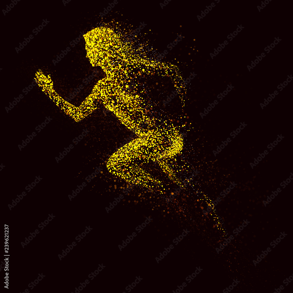 Yellow silhouette of running woman from particle divergent.