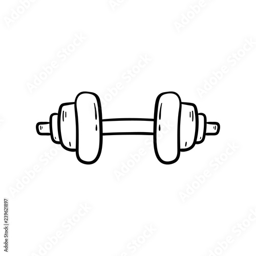 Handdrawn doodle barbell icon. Hand drawn black sketch. Sign symbol. Decoration element. White background. Isolated. Flat design. Vector illustration