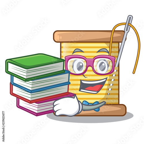 Student with book thread spool in a shape cartoon