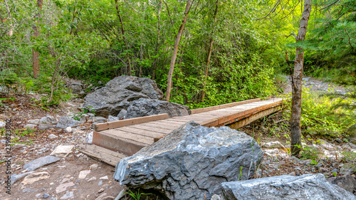 Hiking view in Provo with wooden bridge and rocks