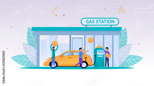 Vector Illustration Refueling Car on Gas Station