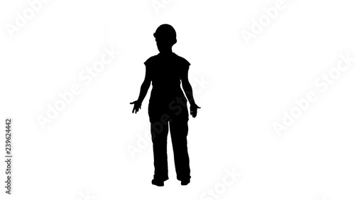 Silhouette Young woman construction worket doing expressive gestures talking to crawd. photo