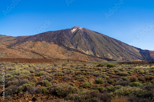 The lava fields of Las Canadas caldera and Teide volcano in the background. Tenerife. Canary Islands. Spain.