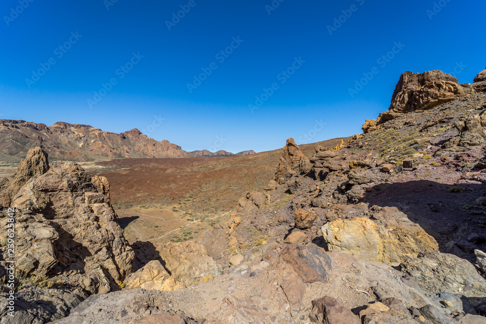 The lava fields of Las Canadas caldera of Teide volcano and rock formations - Roques de Garcia. Tenerife. Canary Islands. Spain. The lava fields of Las Canadas caldera of Teide volcano and rock formations - Roques de Garcia. Tenerife. Canary Islands. Spain.