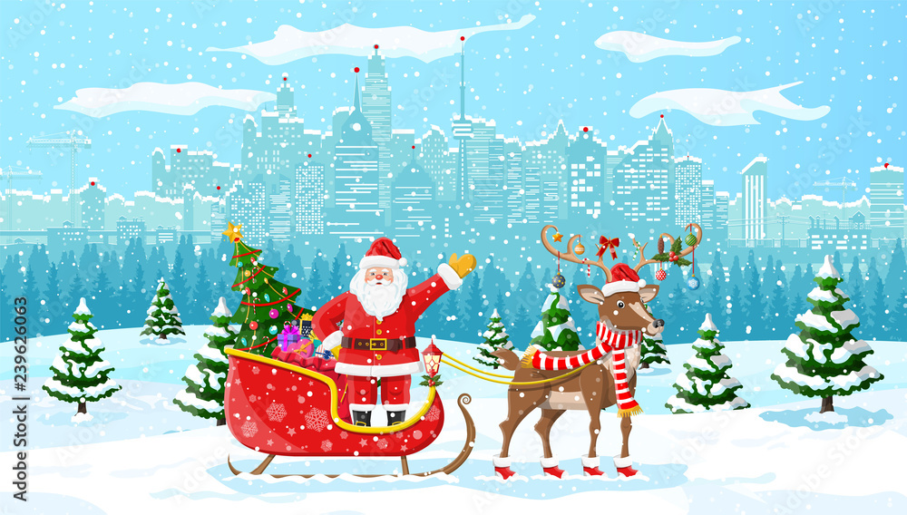 Santa claus rides reindeer sleigh