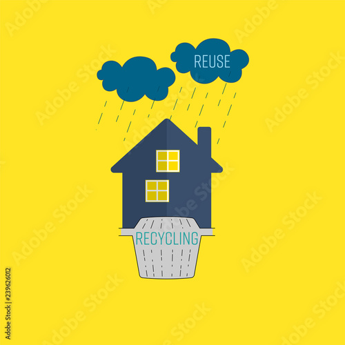 Greywater recycling and reuse at home with wastewater treatment tank and raining icon as a gimmick. Water conservation concept. Vector illustration.