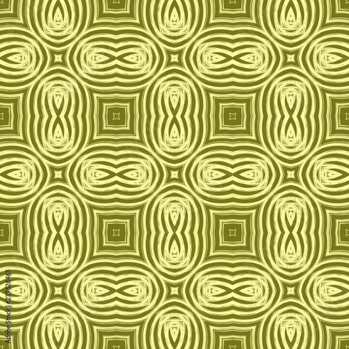 Seamless square pattern from yellow geometrical abstract ornaments on a dark olive background. Vector illustration can be used for textiles, wallpaper and wrapping paper