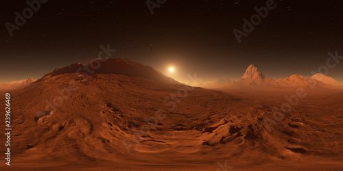 Fototapeta Naklejka Na Ścianę i Meble -  Sunset on Mars. Mars mountains, view from the valley. Panorama, environment 360 HDRI map. Equirectangular projection, spherical panorama