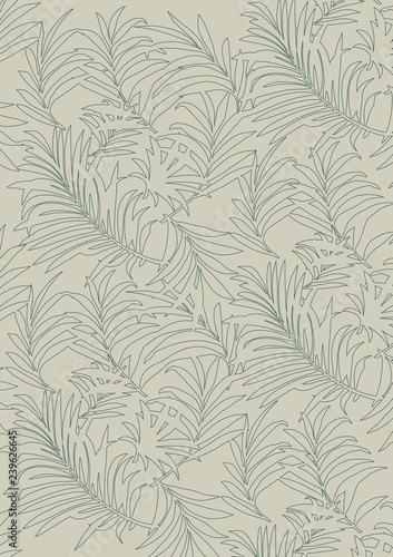 Gray lines tropical leaves pattern style on light brown background, flat line vector illustration.