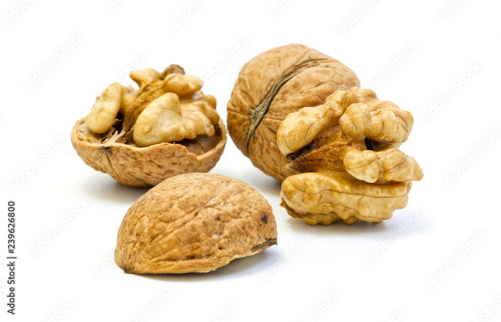 Walnuts, whole and opened on white background Walnuts, whole and opened on white background