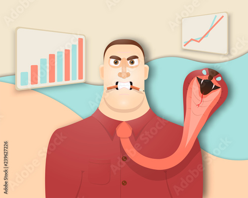 Funny, angry, but very successful boss businessman with a tie in the form of a snake. Vector illustration.