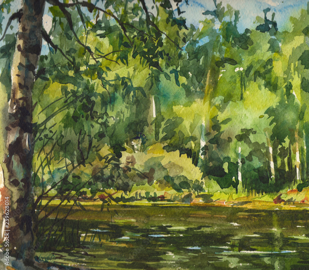 Summer green illustration trees river sunny coast watercolor Summer green illustration trees river sunny coast watercolor