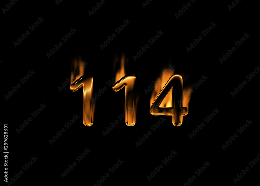 3D number 114 with flames black background