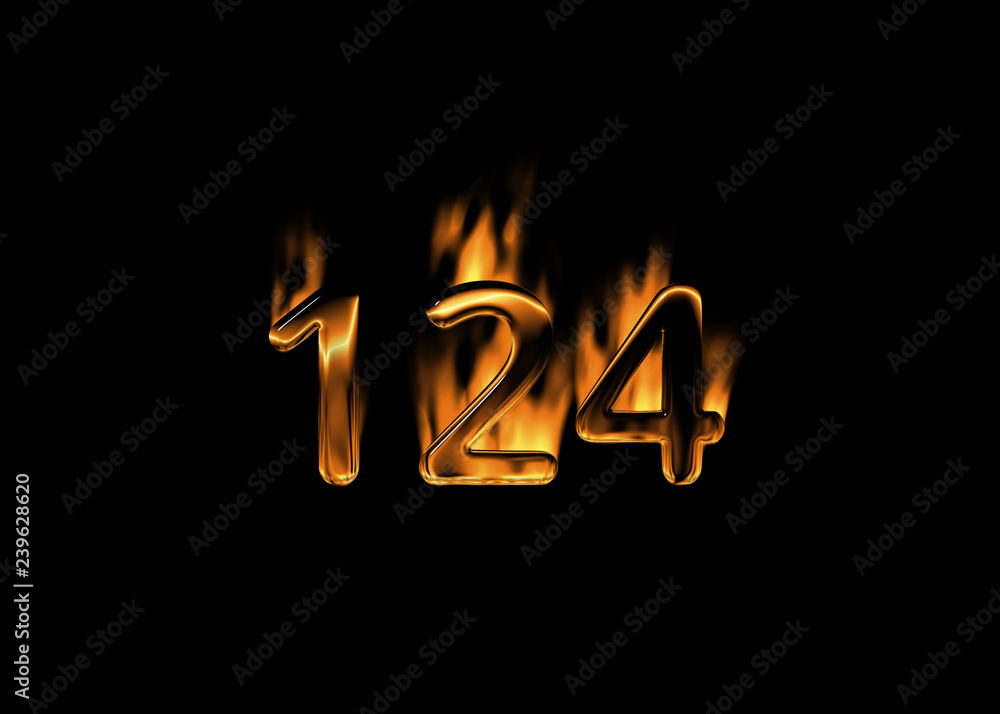 3D number 124 with flames black background 3D number 124 with flames black background