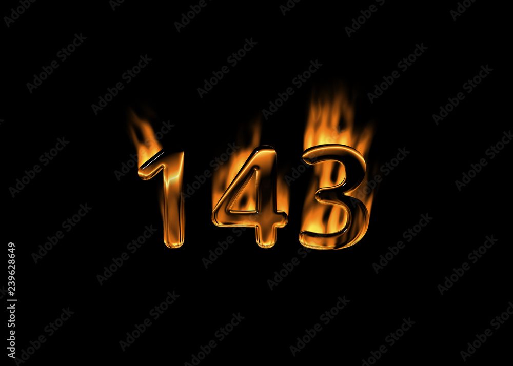 3D number 143 with flames black background Stock Illustration