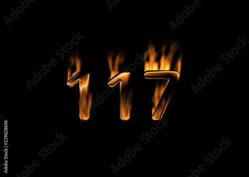 3D number 117 with flames black background