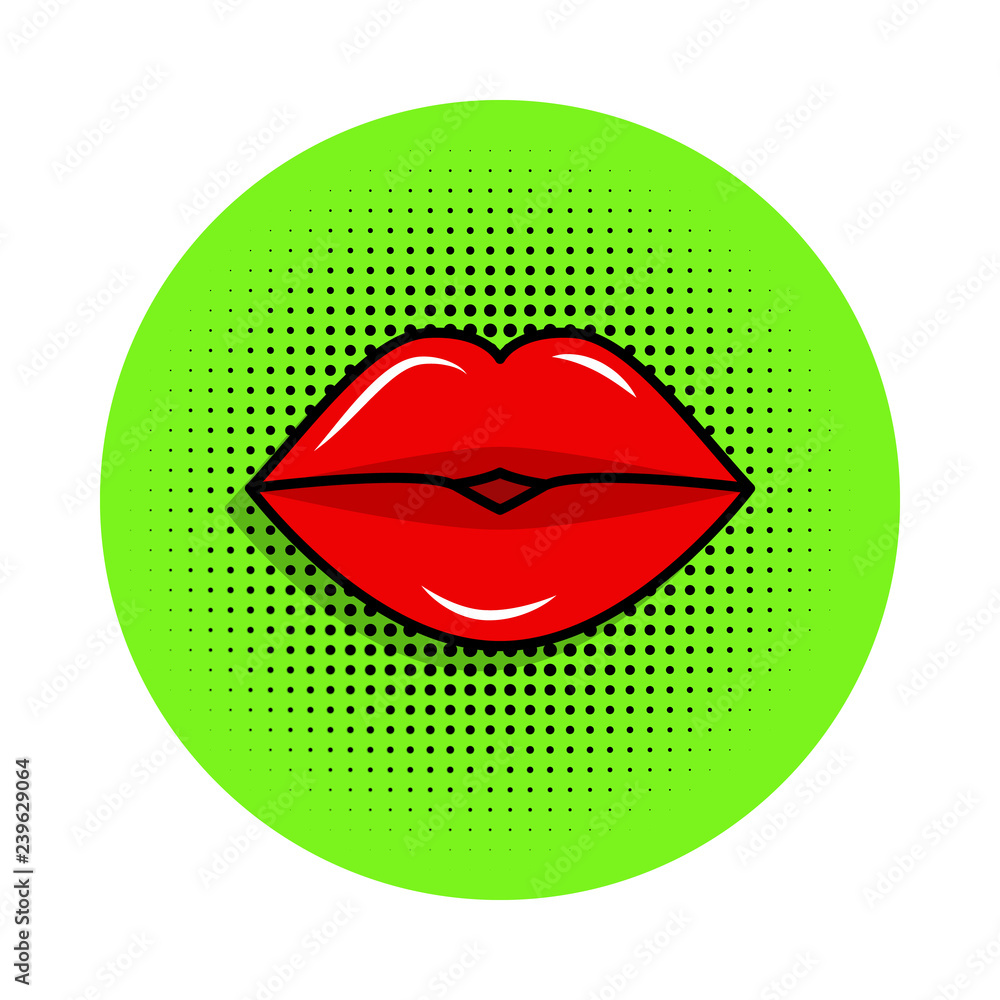 woman lips pop art style in green badge illustration woman lips pop art style in green badge illustration