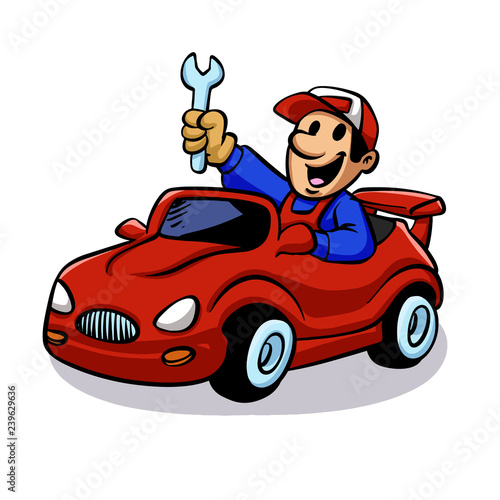 Mechanic holding wrench and driving car 