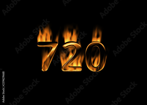 3D number 720 with flames black background