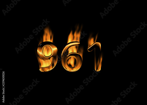 3D number 961 with flames black background