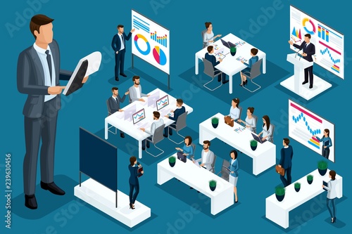 Isometric cartoon people, 3d businessmen and business ladies different situations, big man and mini coaching concept for vector illustrations