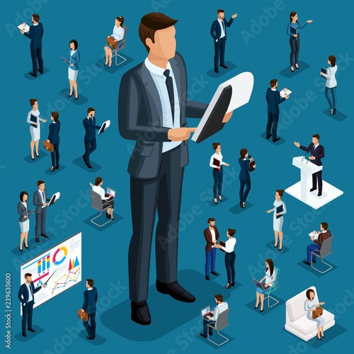 Isometric cartoon people, 3d businessmen big director small workers and subordinate qualitative drawing details for vector illustrations