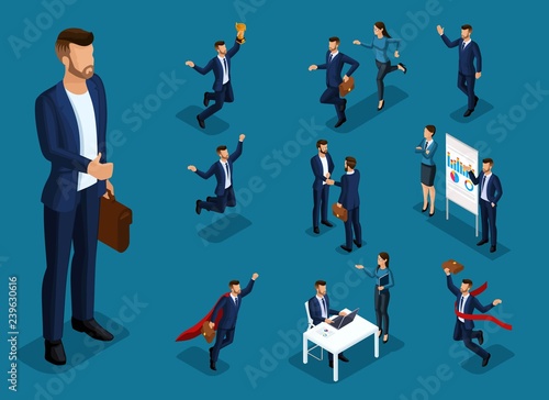 Isometric cartoon people, 3d set of businessman and business lady in different situations, big man office work and concepts for vector illustration