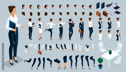 Large isometric Set of gestures of the hands and feet of a woman, to create a 3D business lady character strict suit. Create your isometric person for vector