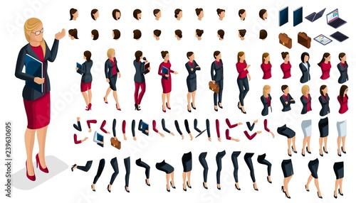 Large isometric Set of hand and foot gestures of a woman, to create a 3D business lady character. Create your isometric office worker for vector illustrations