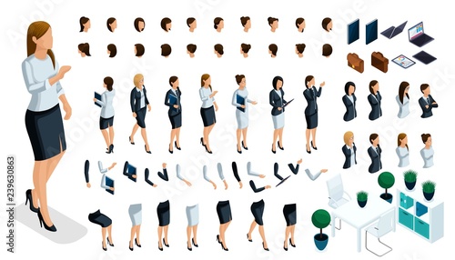 Large isometric Set of hand and foot gestures of a woman, to create a 3D business lady character. Create your isometric person for vector illustrations