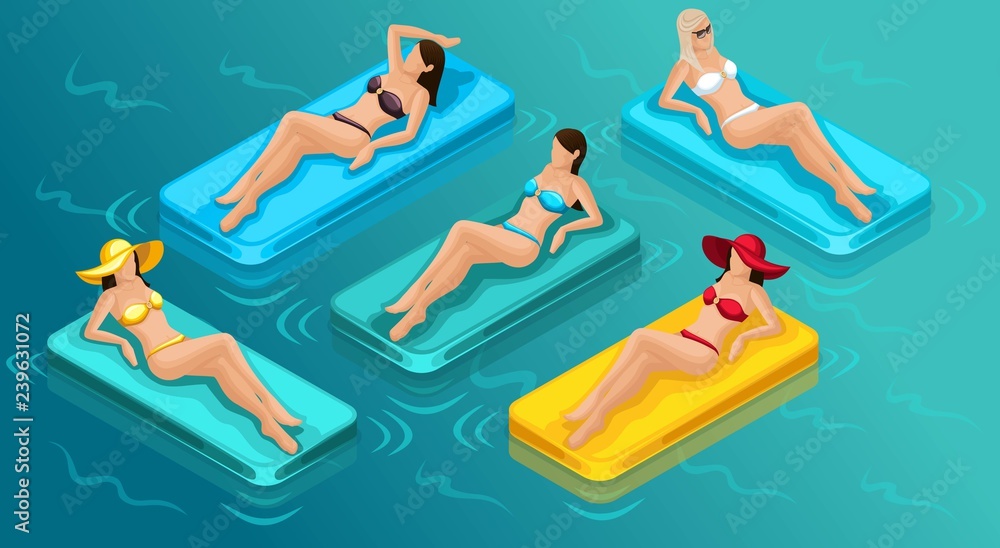 Isometric people girls, 3D tourists, a set of young beautiful girls in bathing suits sunbathing on inflatable mattresses, bikinis, sexy, sea, beach. Vector