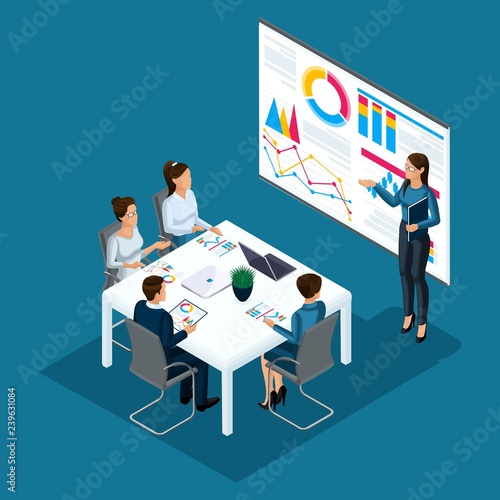 Isometric people person, 3d businessmen, girl coaching, business training, board with graphs, concept of counseling group of people, office work, High tech technology