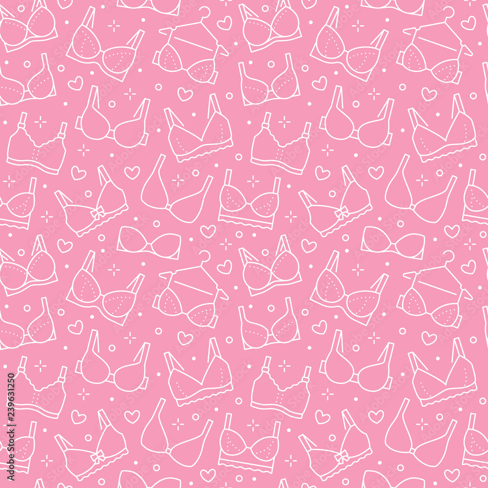 Vecteur Stock Lingerie seamless pattern with flat line icons of bra types.  Woman underwear background, vector illustrations of brassiere. Cute pink  white wallpaper for clothes store | Adobe Stock