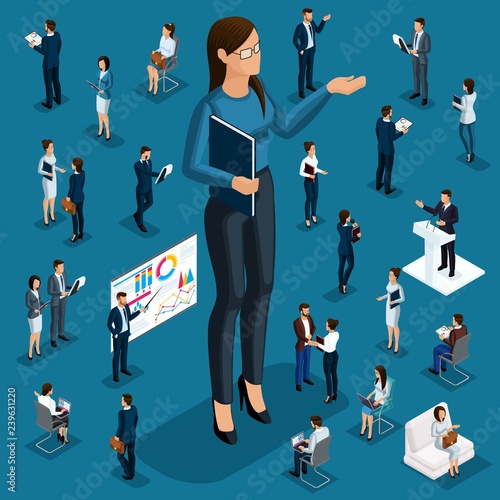 Isometric cartoon people, 3d businessmen big director woman small workers and subordinates for vector illustrations