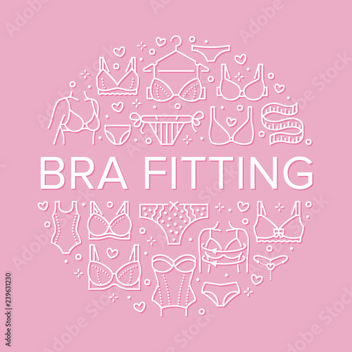 Lingerie circle poster with flat line icons of bras types, panties. Woman underwear background, vector illustration of brassiere, bikini, swimwear. Cute pink white concept for bra fitting brochure