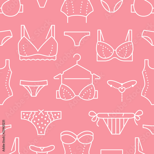 Lingerie seamless pattern with flat line icons of bra types, panties. Woman underwear background, vector illustrations of brassiere, bikini, swimwear. Cute pink white wallpaper for clothes store