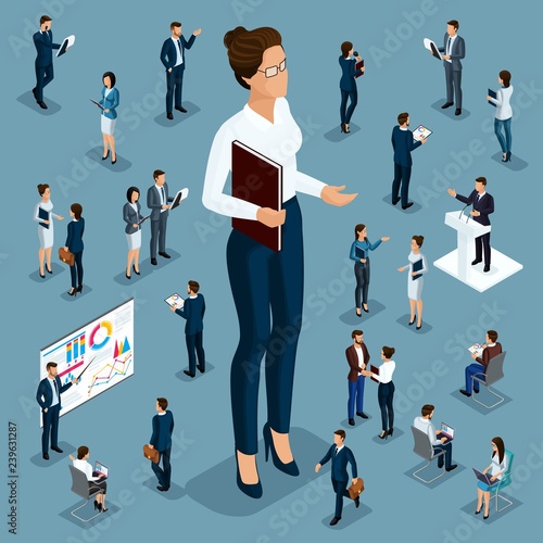 Isometric cartoon people, 3d businessman big man small workers and subordinates, female director for vector illustrations