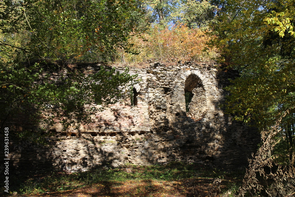 Ruins of small hunting romantic castle Karlův hrádek near Purkarec village, South Bohemian region, Czech republic