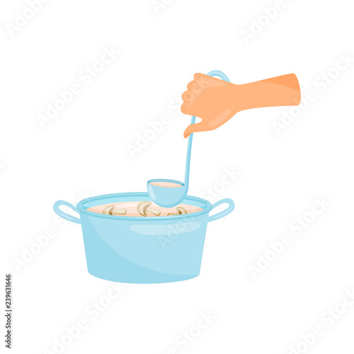 Hand with ladle cooking mushroom soup, cooking process vector Illustration on a white background.