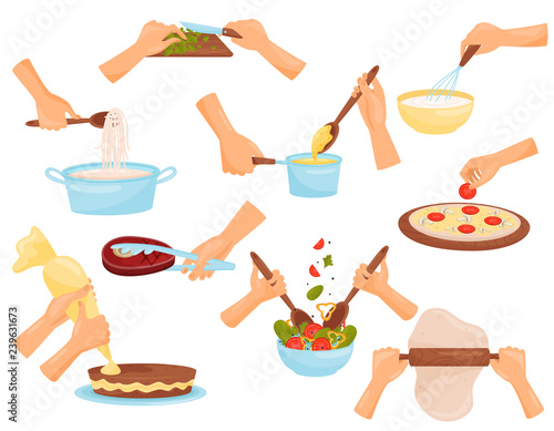 Hands preparing food, process of cooking pasta, meat, pizza, confectionery vector Illustration on a white background