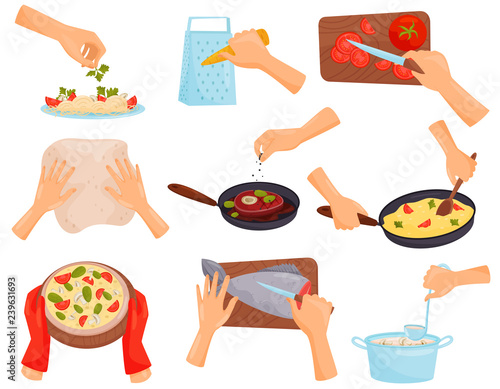 Hands preparing food, process of cooking pasta, meat, pizza, fish vector Illustration on a white background