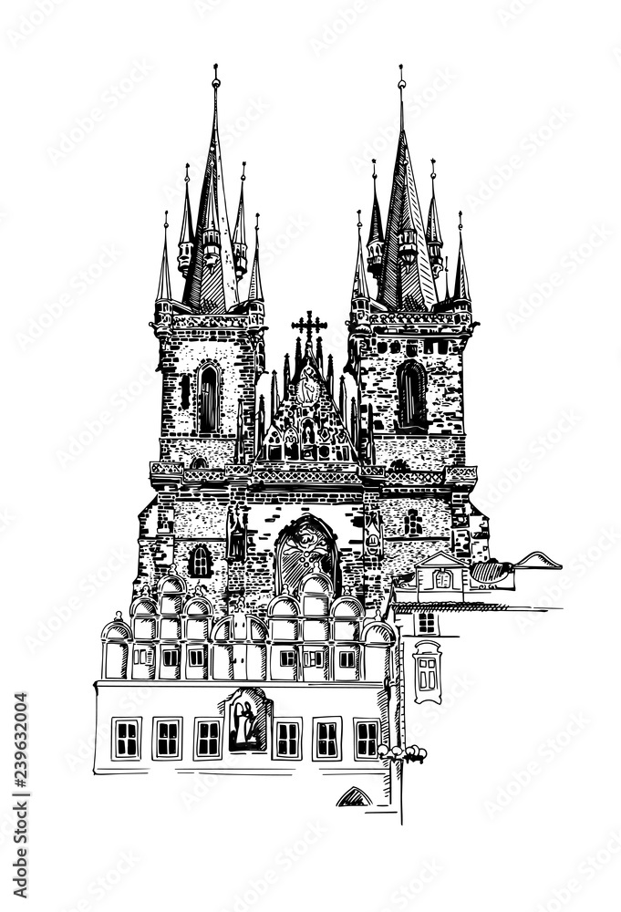 sketch drawing of Church Our Lady before Tyn in Prague