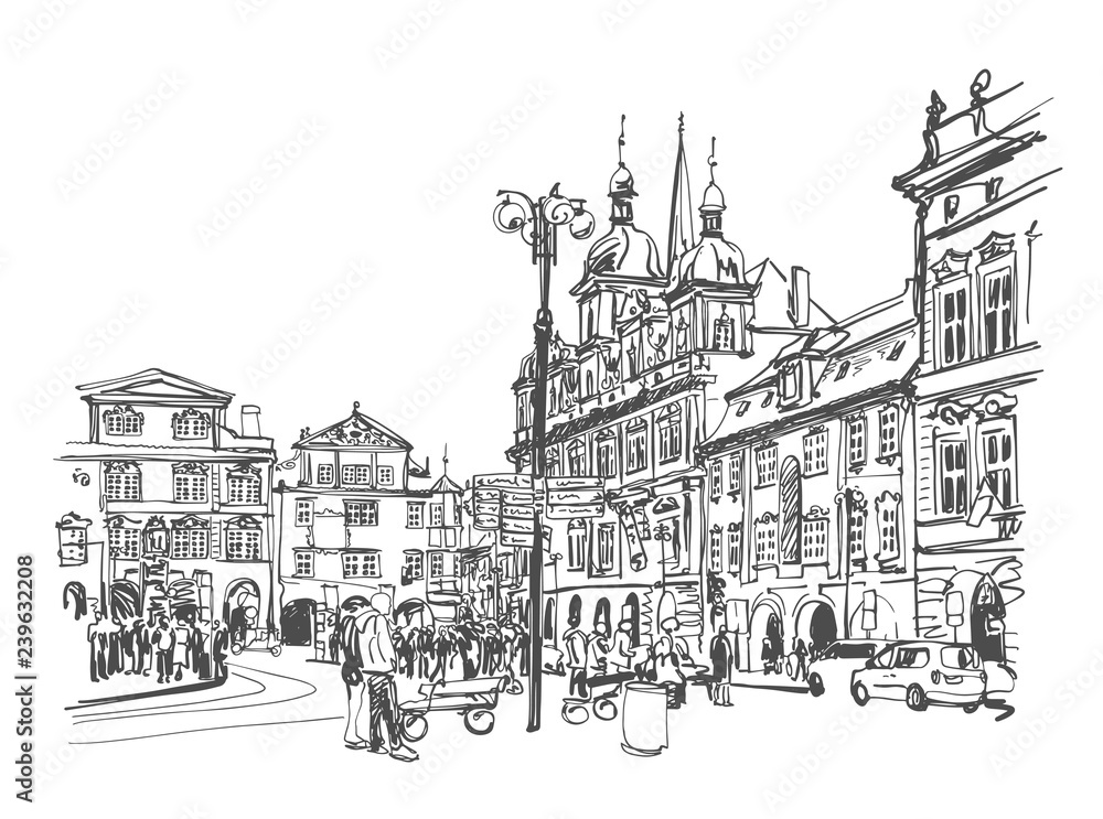 sketch drawing traveling European old city street Prague, Czech 