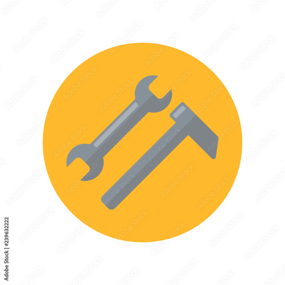 Hammer and Wrench flat icon isolated on yellow background. Simple sign symbol in flat style. Repairs Vector illustration for web and mobile design. Hammer and Wrench flat icon isolated on yellow background. Simple sign symbol in flat style. Repairs Vector illustration for web and mobile design.