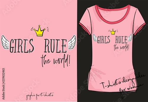 Vector illustration of fashion lettering in retro rock'n'roll style girls rule the world with patches, badges wings and crown, handwritten and hand drawn graphic imitation, trendy print for t shirt