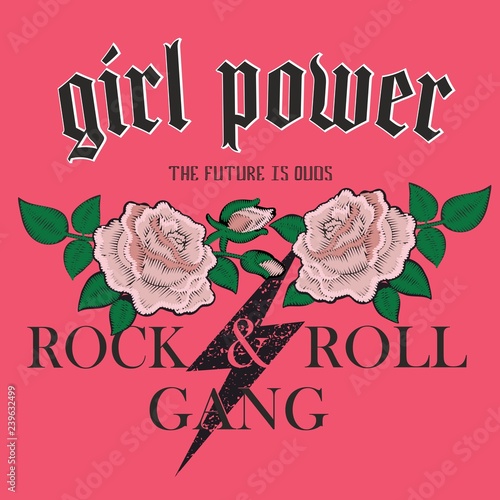 Vector fashion illustration of brutal lettering in grunge rock and roll retro style girl power, the future is ours with embroidery, badges, chevron roses, gothic, heavy metal music
