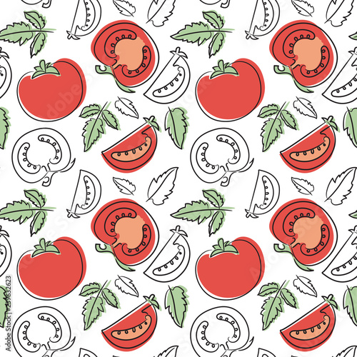 Tomato seamless pattern. Hand drawn fresh vegetables. Vector sketch background. Doodle wallpaper. Red and green print