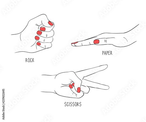 Vector illustration of beautiful women's hands with red manicure drawn with a tablet. black and white set, game rock, scissors, paper, three gestures with nail polish isolated on white background