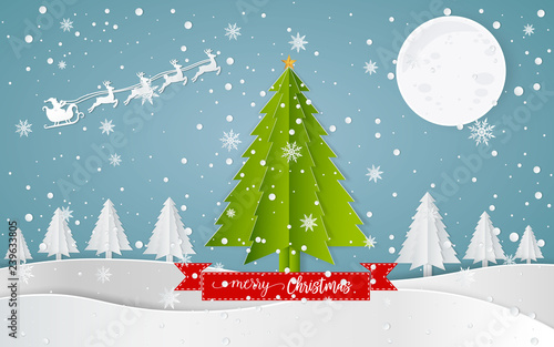 Merry christmas,Snow forest. pines in winter Paper vector Illustration