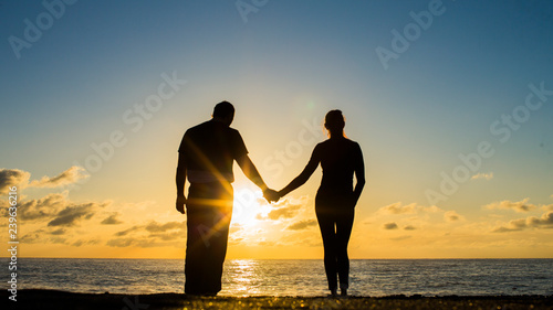 Back view of a couple silhouette hugging and watching sun on the beach